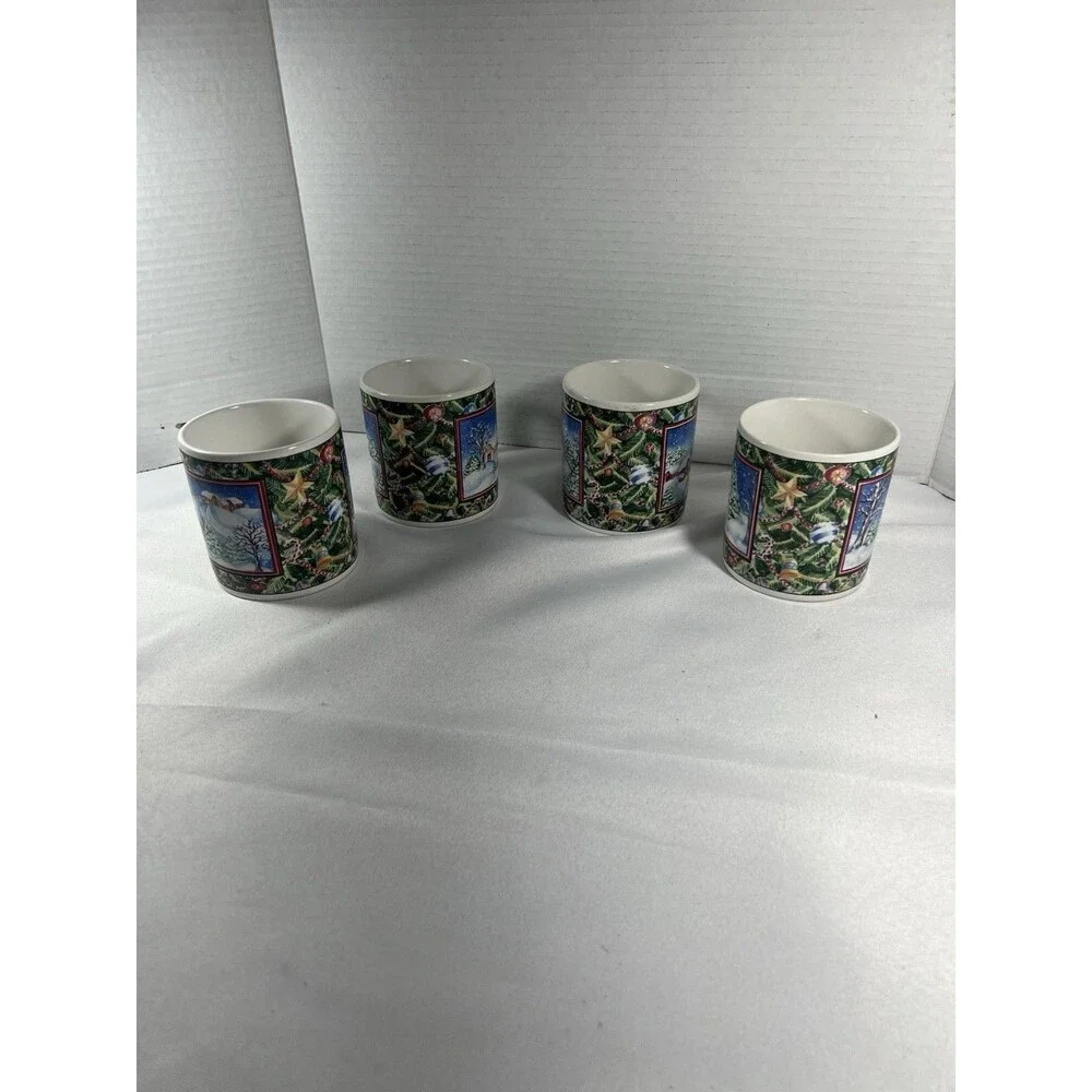 Vintage Sakura Christmas Scene Mugs by Sue Zipkin – Set of 4 (1995)